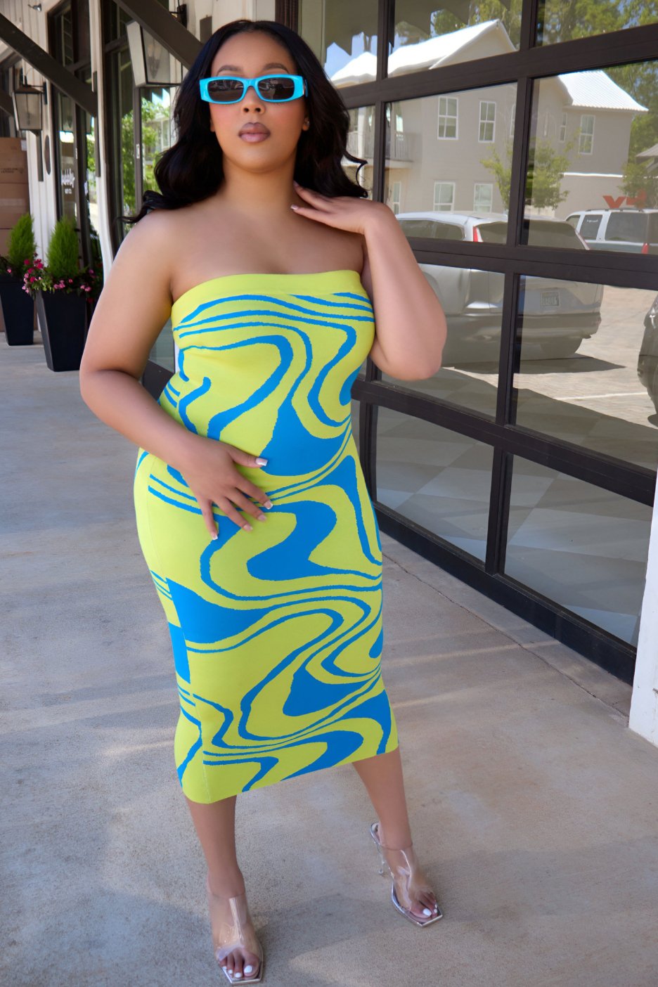 Color My Curves Midi Dress - Lime/Blue