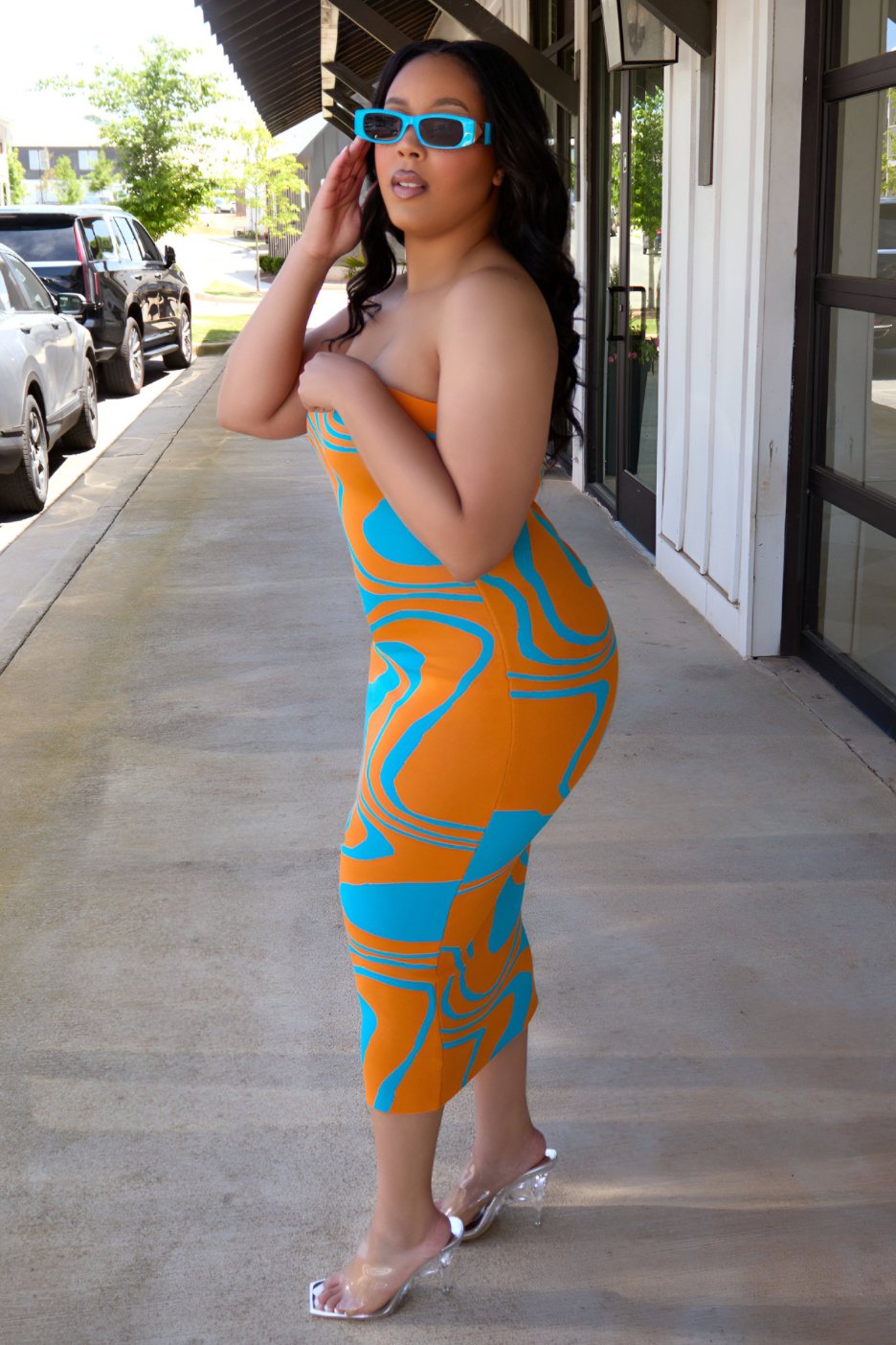 Color My Curves Midi Dress - Orange/Blue