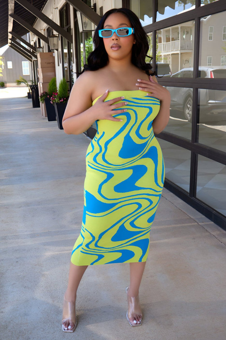 Color My Curves Midi Dress - Lime/Blue