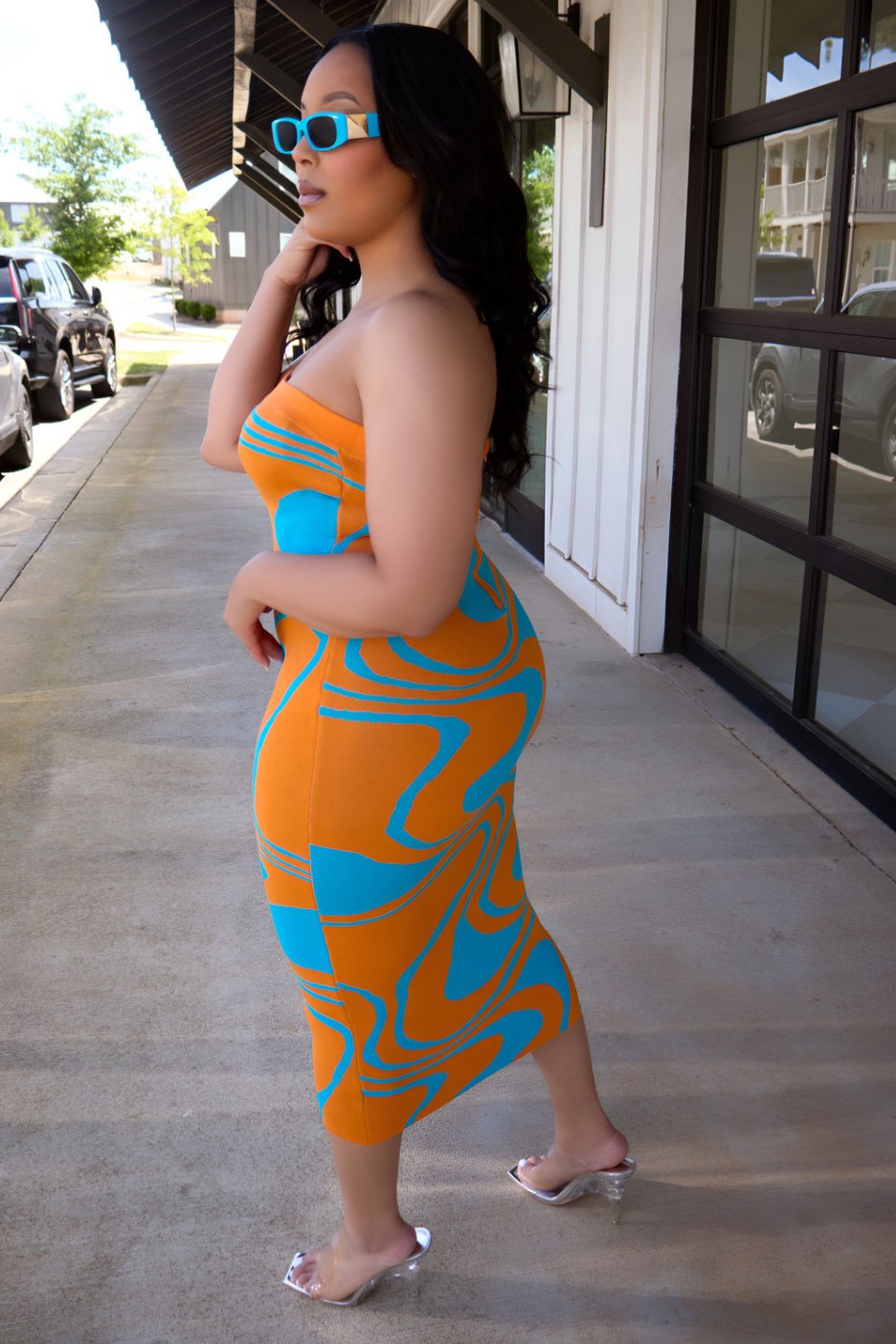 Color My Curves Midi Dress - Orange/Blue
