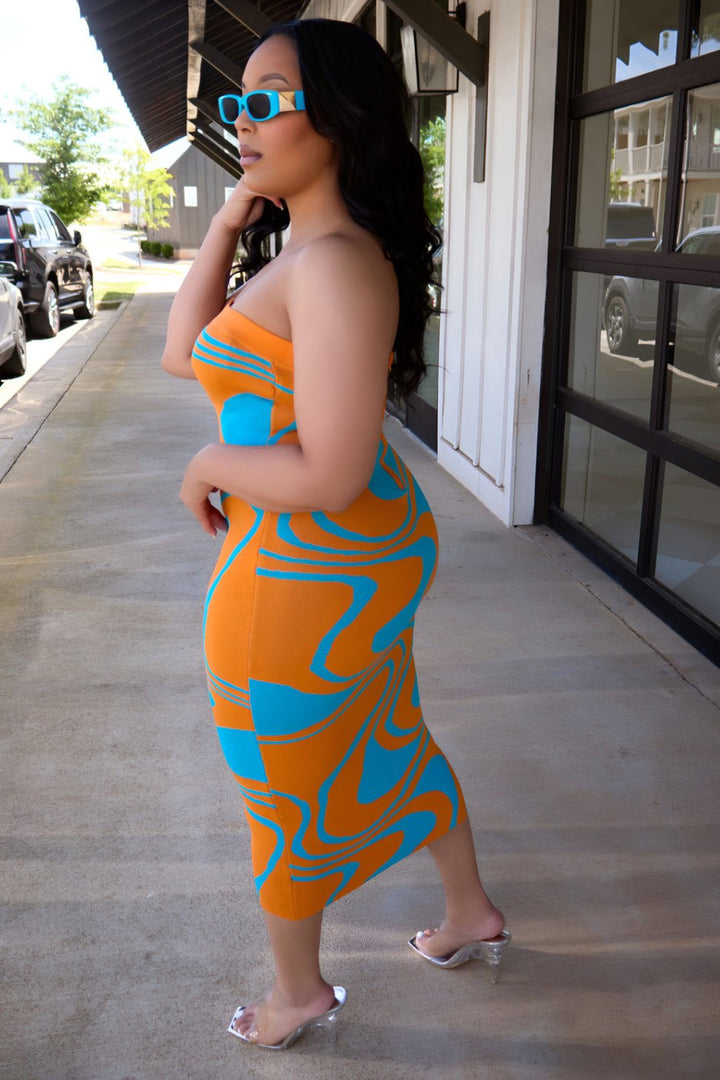 Color My Curves Midi Dress - Orange/Blue