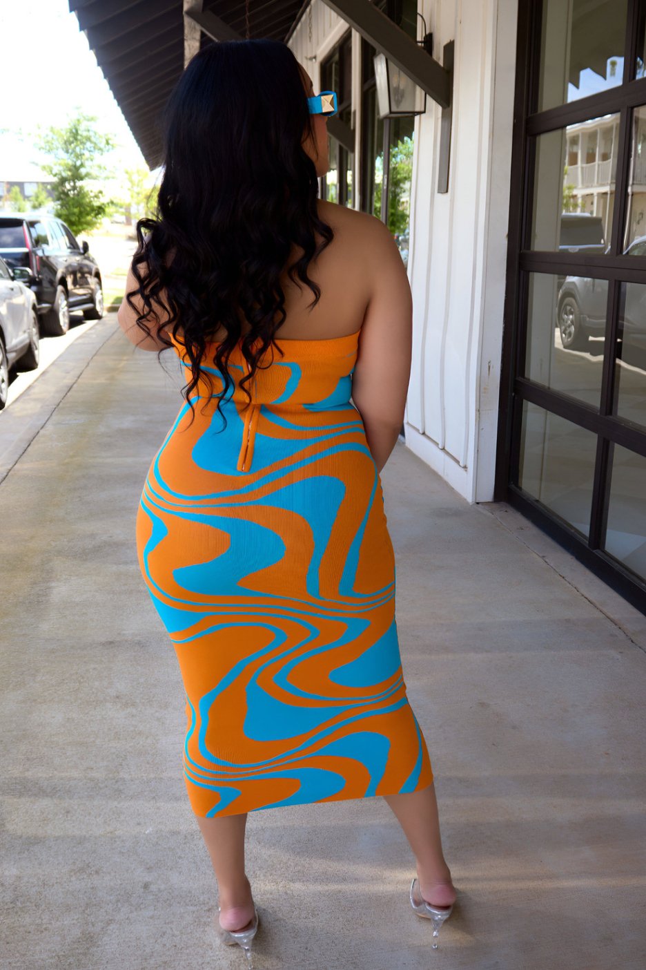 Color My Curves Midi Dress - Orange/Blue