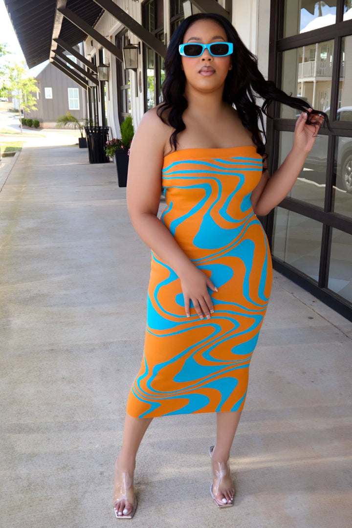 Color My Curves Midi Dress - Orange/Blue